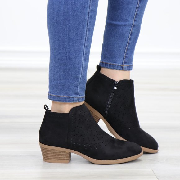 Black Suede Ankle Boots Laser Cut Design - Picture 4 of 12